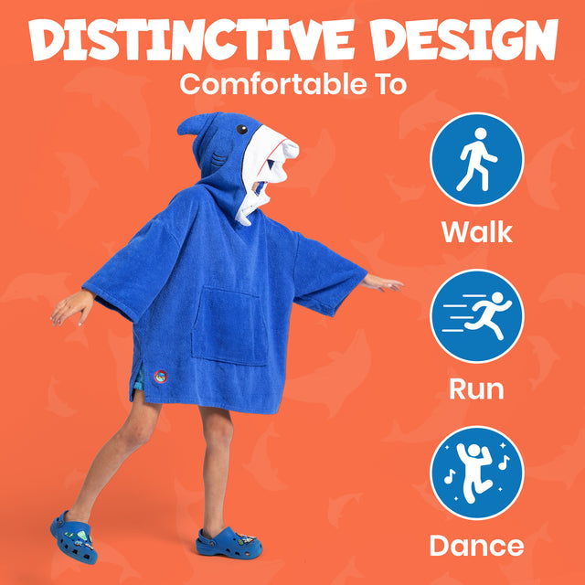 Child wearing a blue shark hoodie on an orange background with text and icons indicating comfort for walking, running, and dancing.