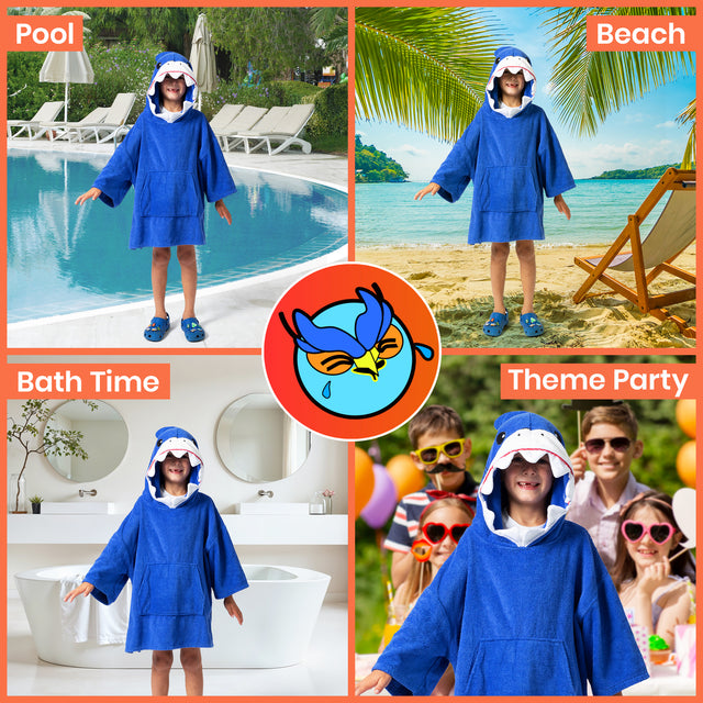 Collage of a child wearing a blue shark-themed poncho in various settings including pool, beach, bathroom, and theme party.