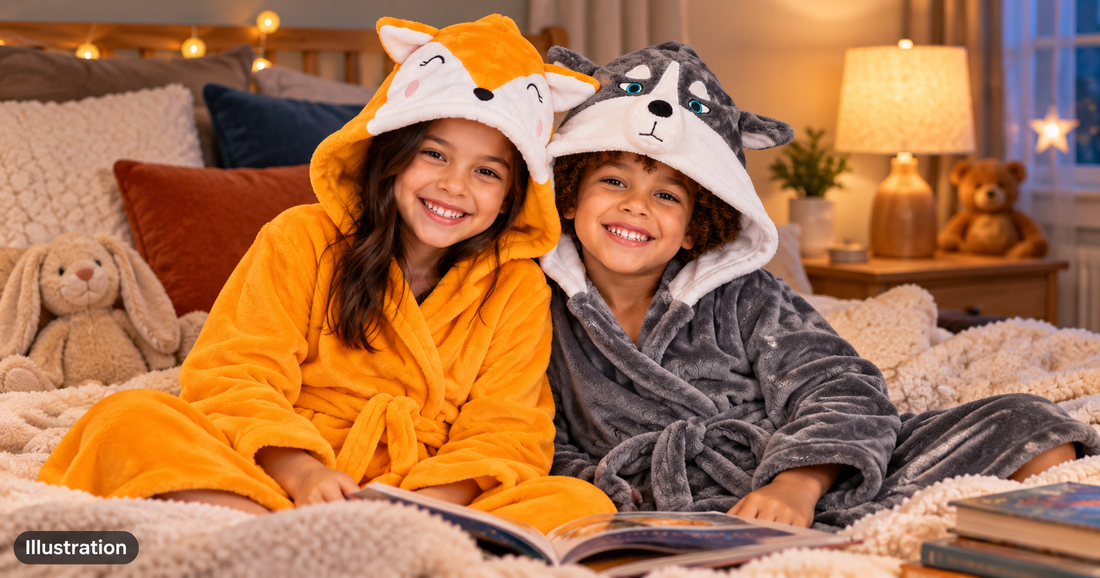 Two kids relaxing in cozy hooded robes, one in an orange fox robe and one in a gray husky robe. Illustration.