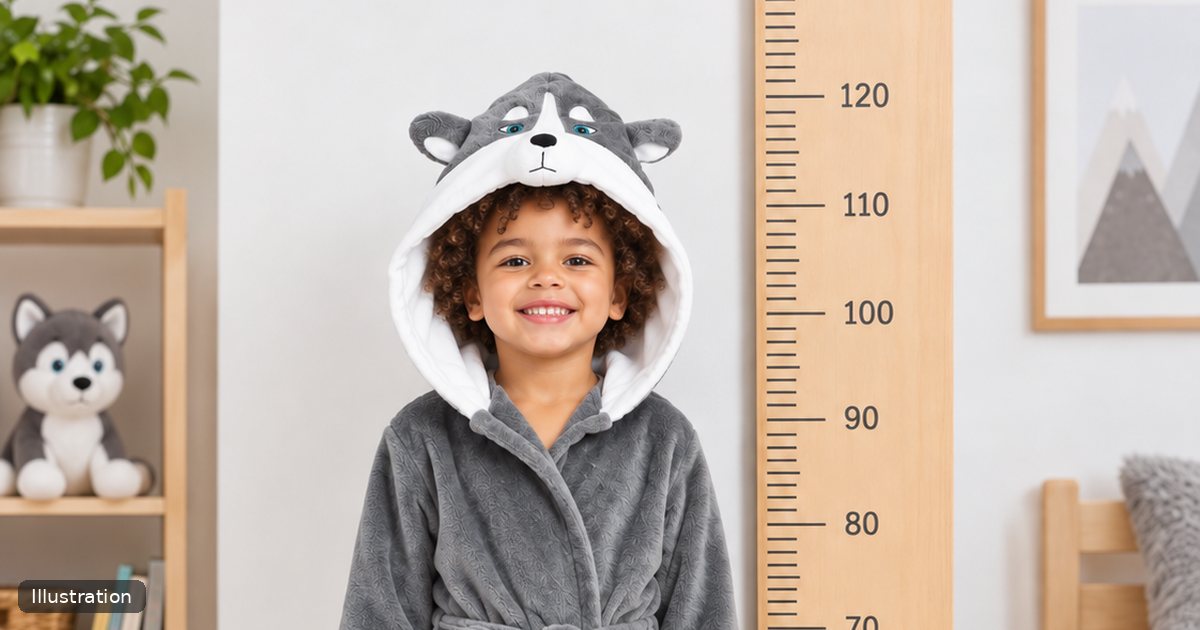 Smiling child in a gray husky hooded robe standing next to a wall height chart.