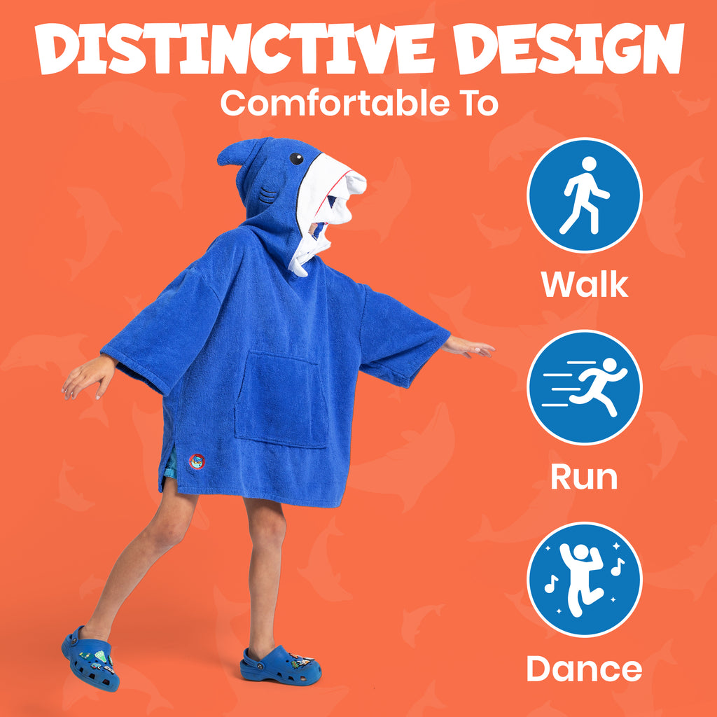 Child wearing a blue shark hoodie on an orange background with text and icons indicating comfort for walking, running, and dancing.