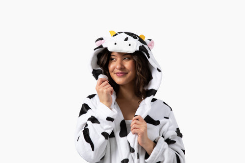 Women's cow print hooded bathrobe by Party Hoot