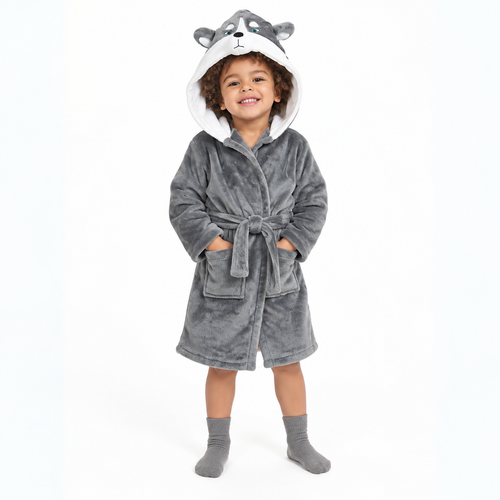 Front view of the Party Hoot Kids Husky Dog Hooded Robe
